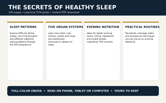 The Secrets of Healthy Sleep eBook — what's inside, 195 pages, TCM sleep patterns, evening nutrition and practical routines